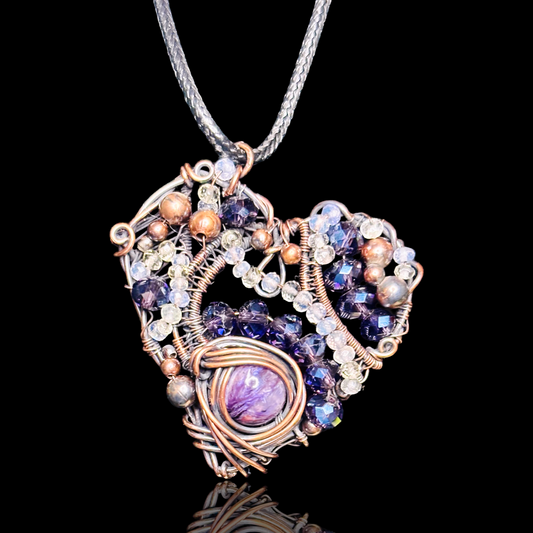 Handmade Heart Pendant – Aged Copper Wire Wrapped with Amethyst & Topaz Crystals on Leatherette Chain